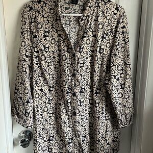 Carole Little Woman 55% Linen Paisle Button Front Top Blue Cream 2XL